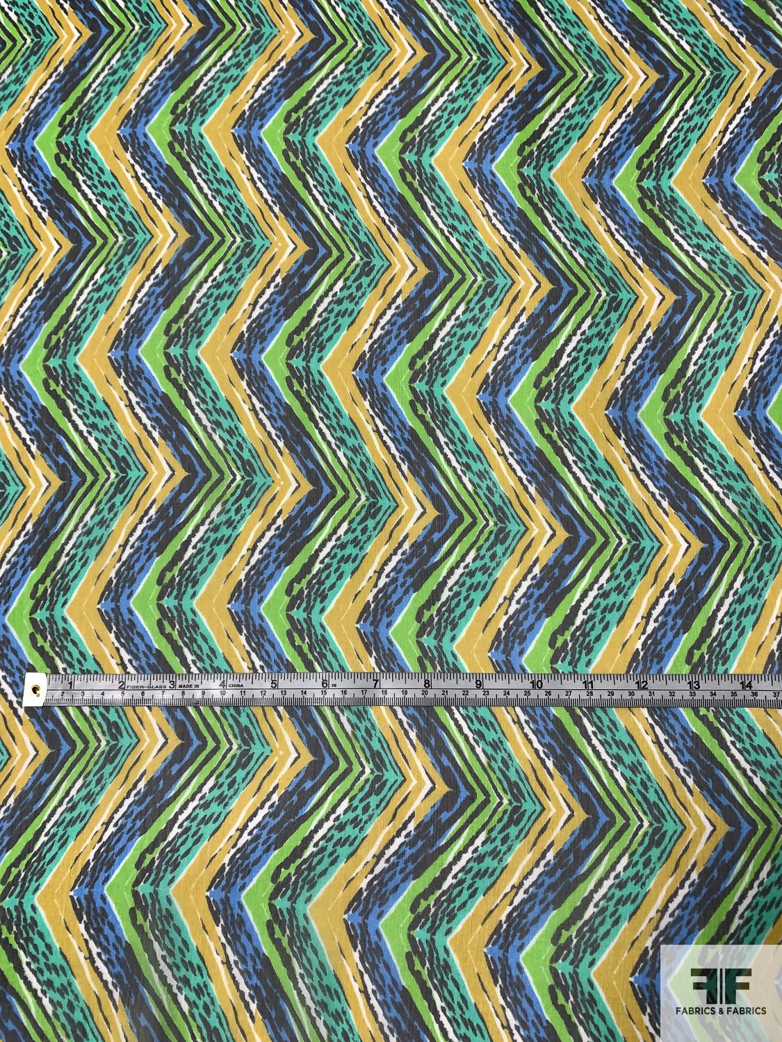 Chevron Vertically Printed Lightly Crinkled Silk Chiffon - Greens / Blue / Mustard 7 Chevron Vertically Printed Lightly Crinkled Silk Chiffon - Greens / Blue / Mustard - Image 5
