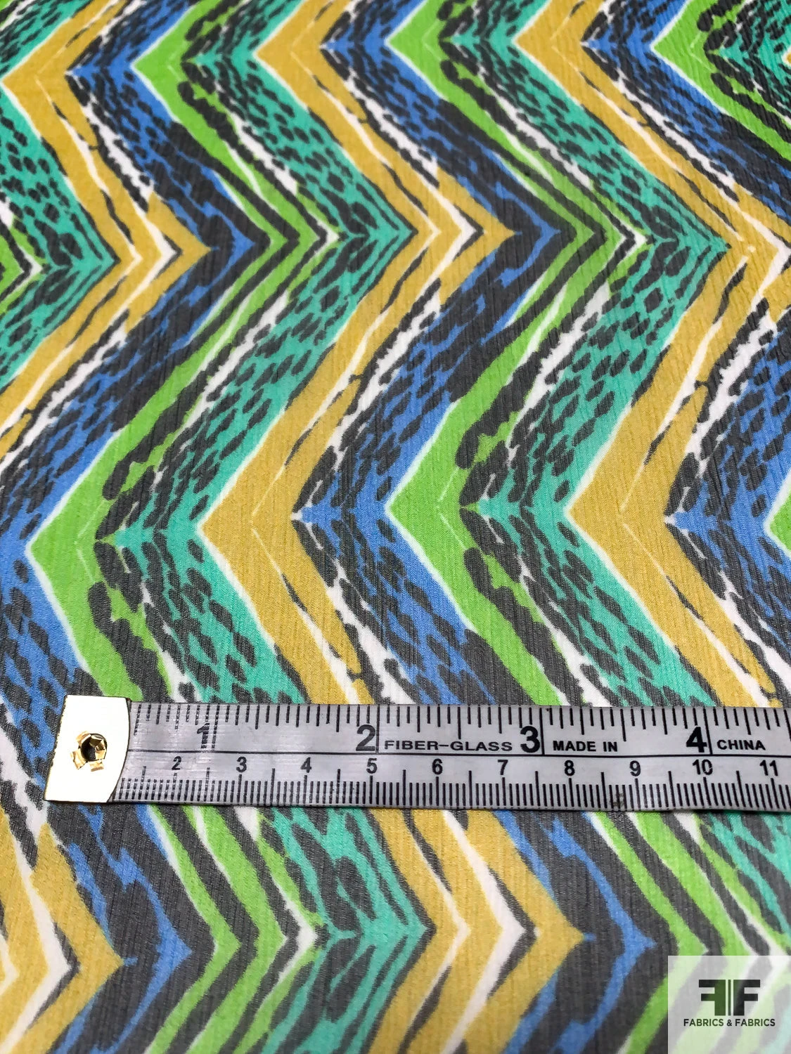 Chevron Vertically Printed Lightly Crinkled Silk Chiffon - Greens / Blue / Mustard 8 Chevron Vertically Printed Lightly Crinkled Silk Chiffon - Greens / Blue / Mustard - Image 6