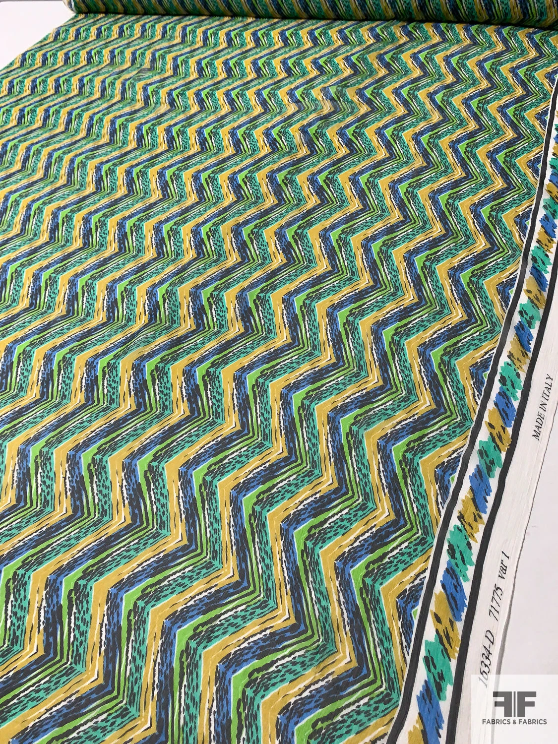 Chevron Vertically Printed Lightly Crinkled Silk Chiffon - Greens / Blue / Mustard 9 Chevron Vertically Printed Lightly Crinkled Silk Chiffon - Greens / Blue / Mustard - Image 7