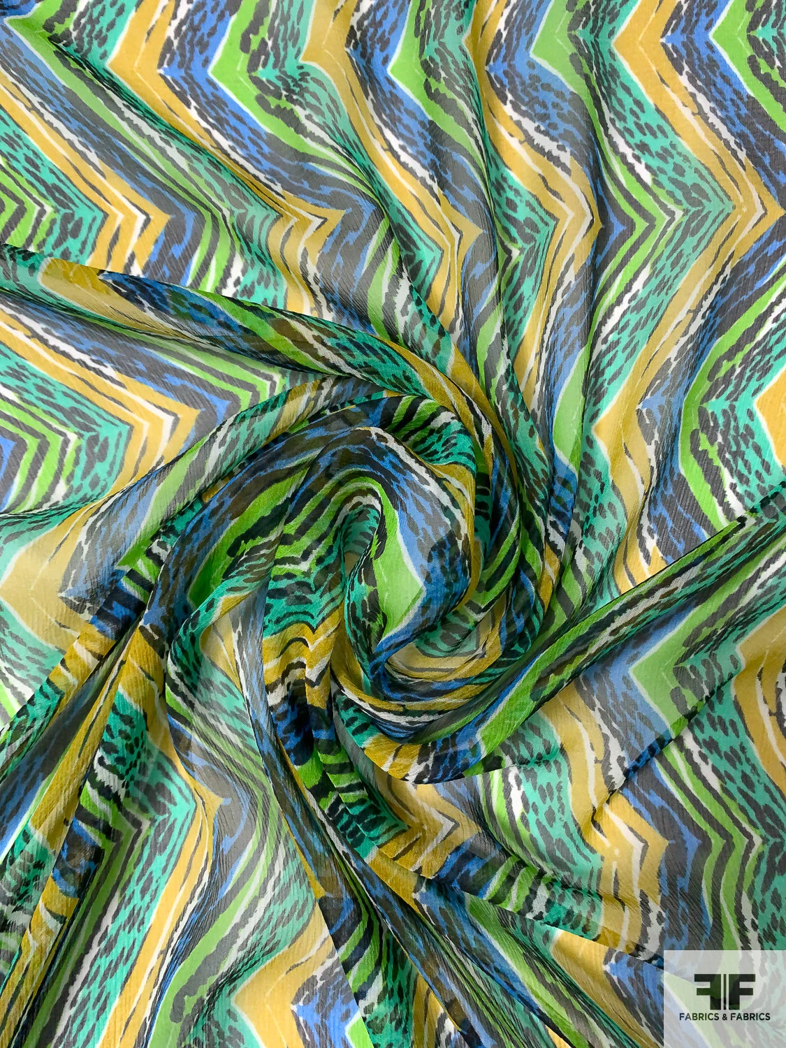 Chevron Vertically Printed Lightly Crinkled Silk Chiffon - Greens / Blue / Mustard 5 Chevron Vertically Printed Lightly Crinkled Silk Chiffon - Greens / Blue / Mustard - Image 3