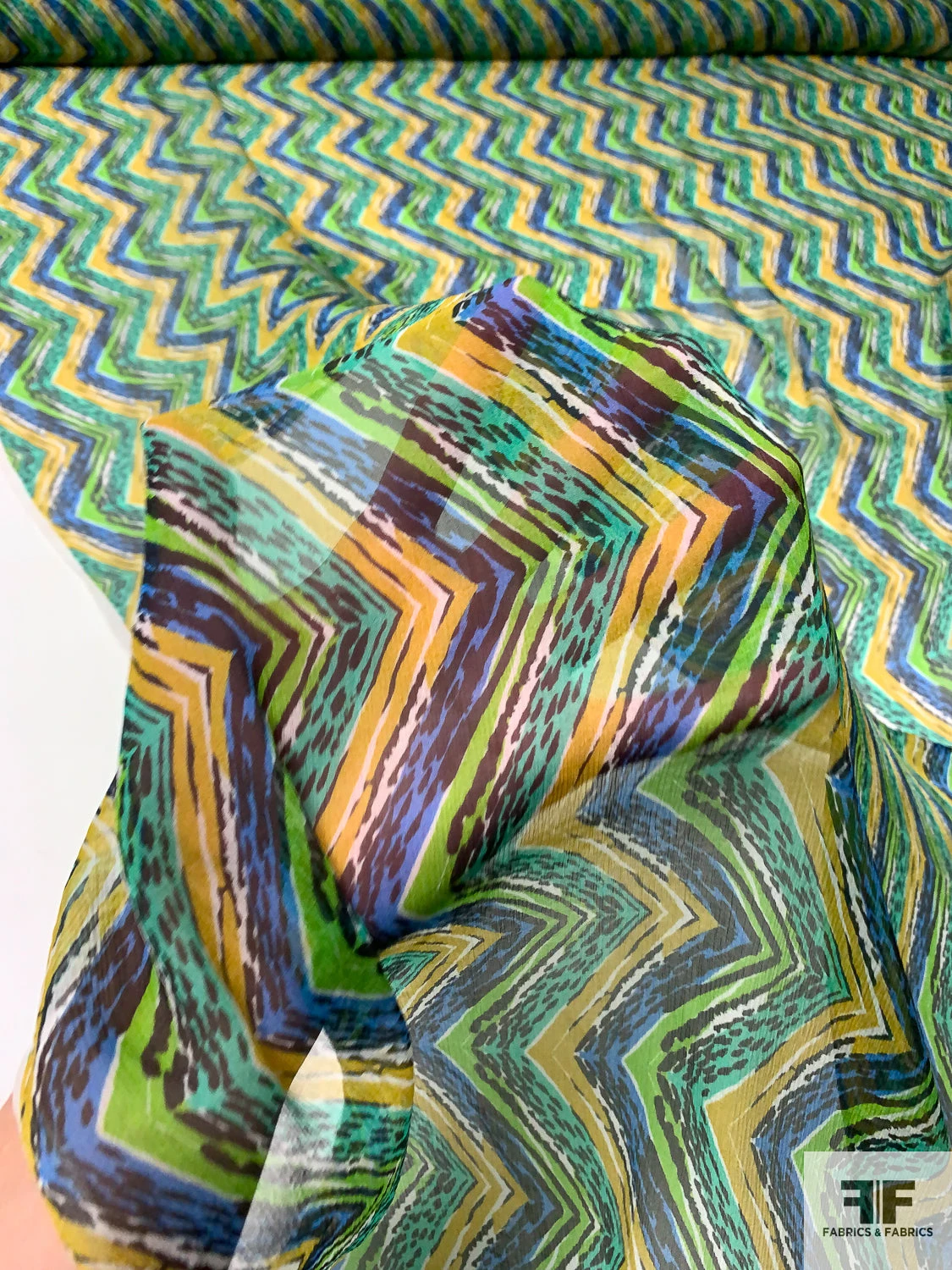Chevron Vertically Printed Lightly Crinkled Silk Chiffon - Greens / Blue / Mustard 3 Chevron Vertically Printed Lightly Crinkled Silk Chiffon - Greens / Blue / Mustard