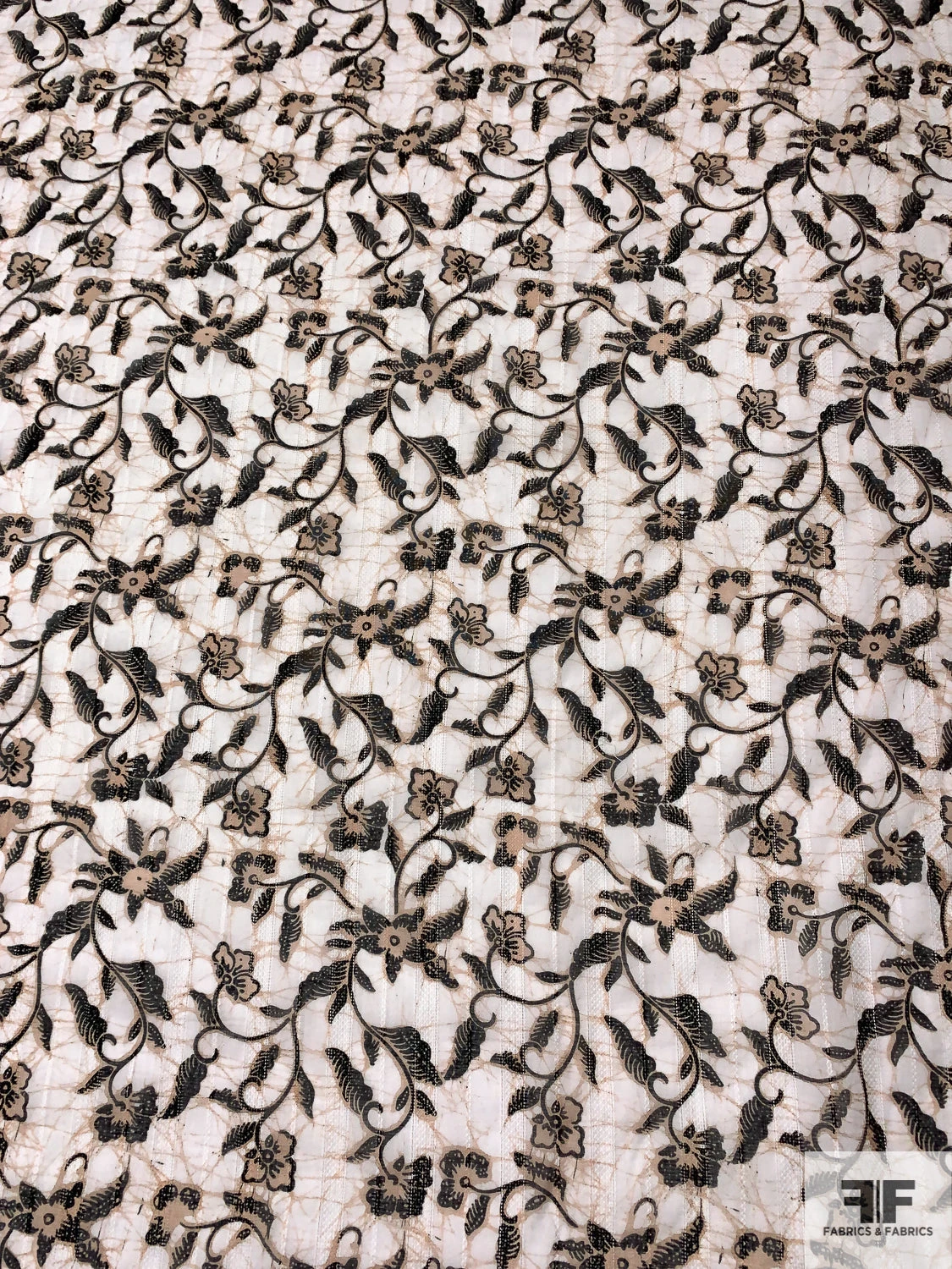 Floral Vines Printed Cotton Voile With Stitched Vertical Striped Detailing - Tan / Off-White / Black 6 Floral Vines Printed Cotton Voile With Stitched Vertical Striped Detailing - Tan / Off-White / Black - Image 4