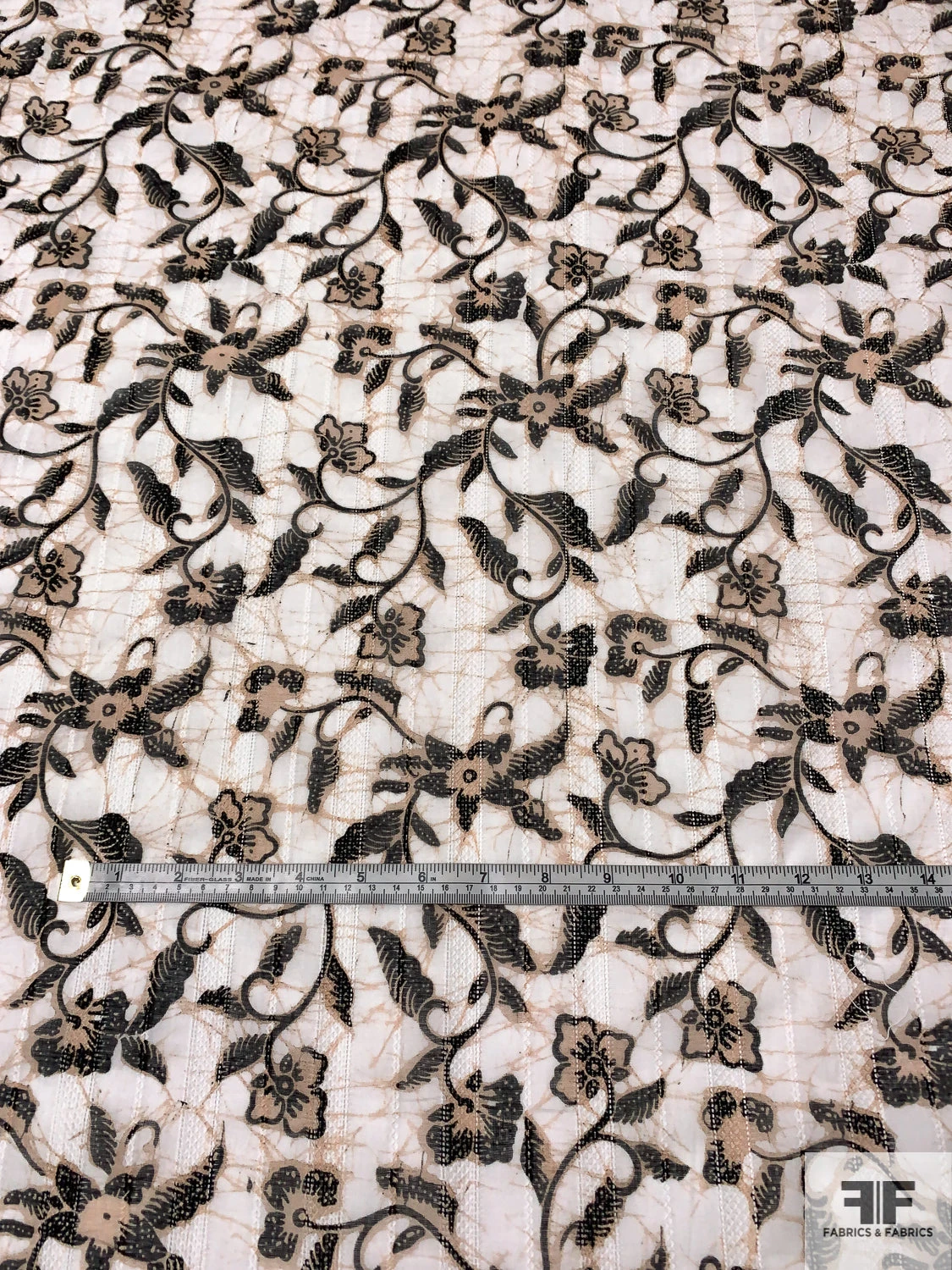 Floral Vines Printed Cotton Voile With Stitched Vertical Striped Detailing - Tan / Off-White / Black 7 Floral Vines Printed Cotton Voile With Stitched Vertical Striped Detailing - Tan / Off-White / Black - Image 5