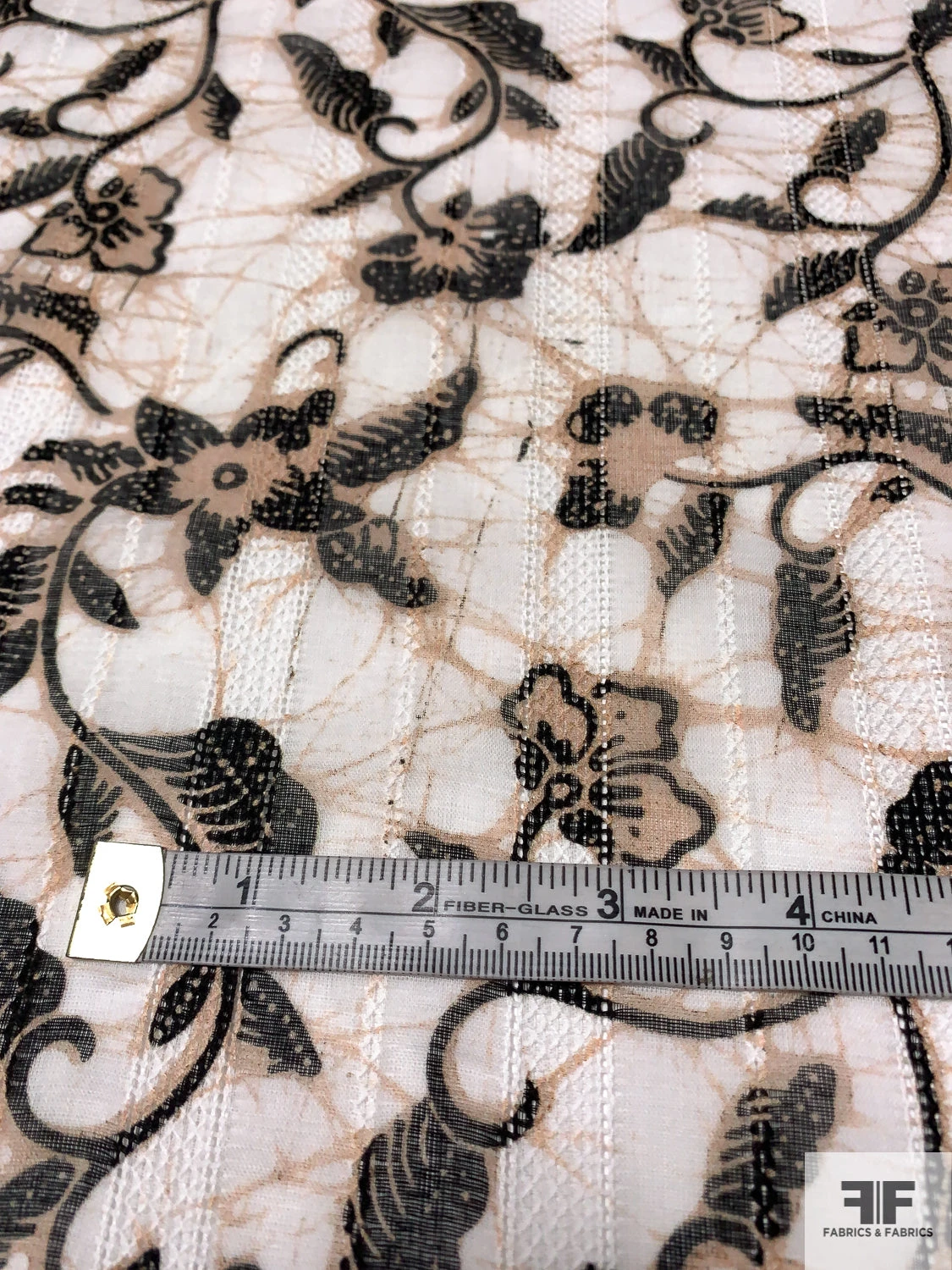 Floral Vines Printed Cotton Voile With Stitched Vertical Striped Detailing - Tan / Off-White / Black 8 Floral Vines Printed Cotton Voile With Stitched Vertical Striped Detailing - Tan / Off-White / Black - Image 6