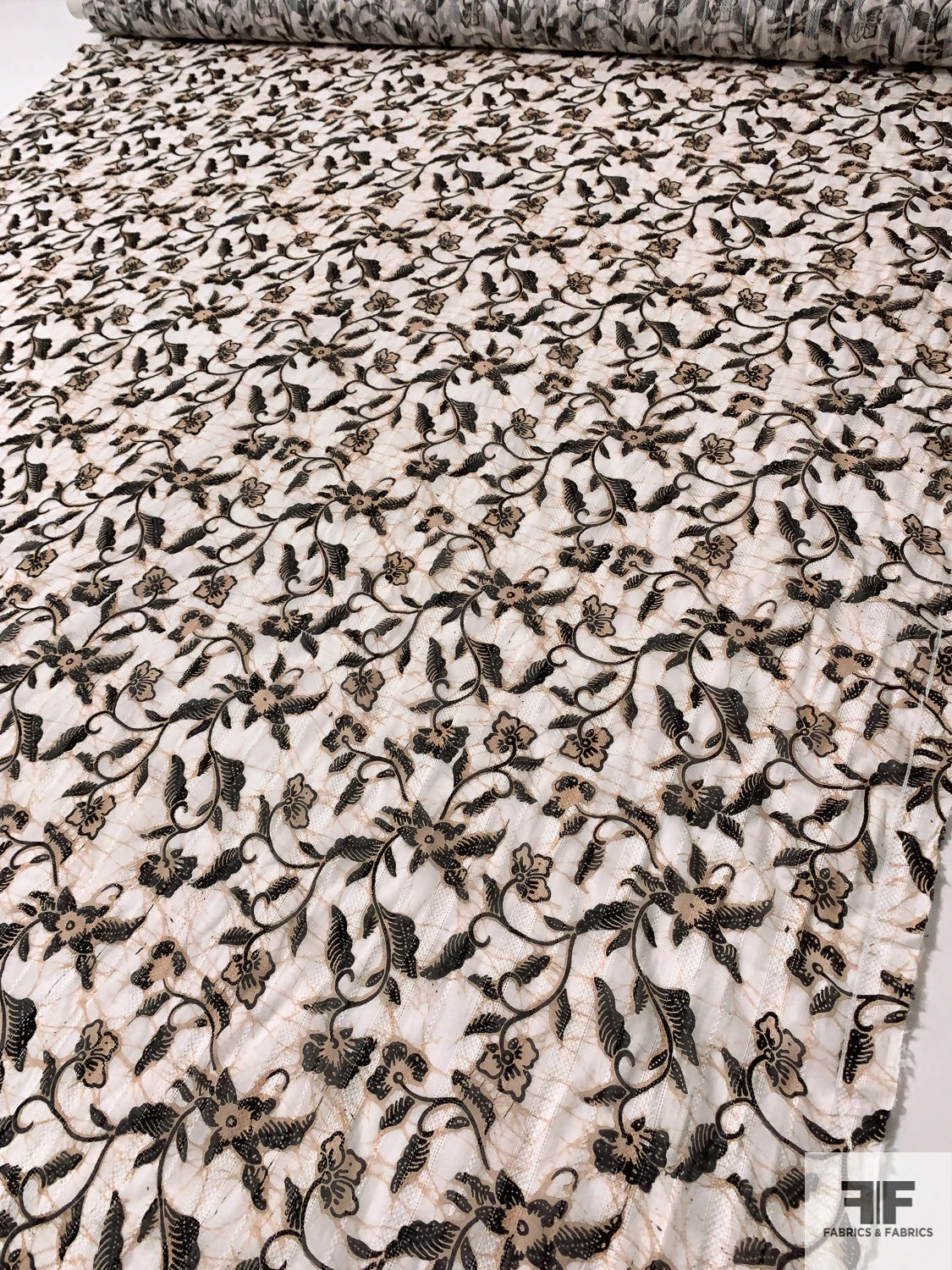 Floral Vines Printed Cotton Voile With Stitched Vertical Striped Detailing - Tan / Off-White / Black 9 Floral Vines Printed Cotton Voile With Stitched Vertical Striped Detailing - Tan / Off-White / Black - Image 7