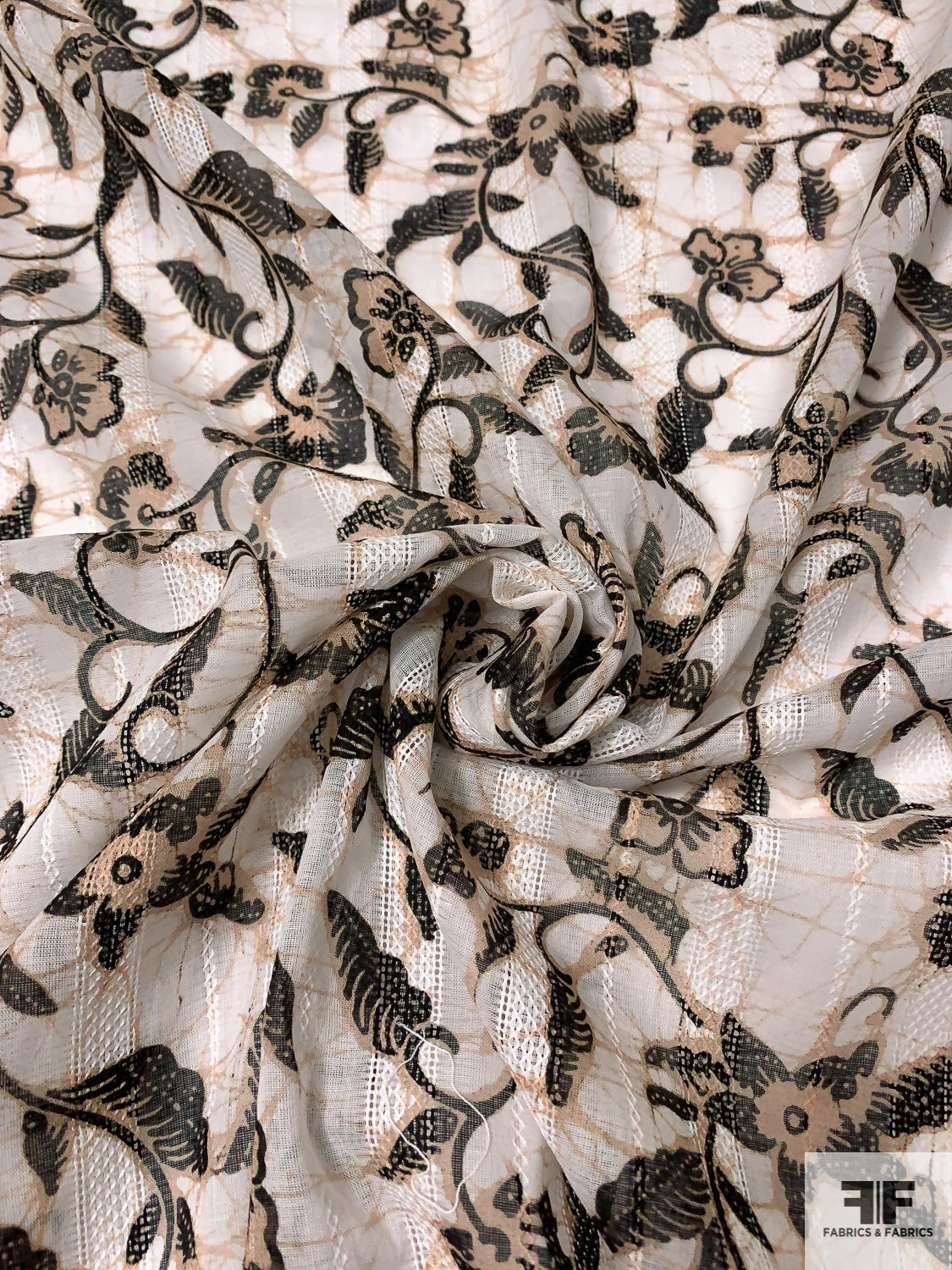 Floral Vines Printed Cotton Voile With Stitched Vertical Striped Detailing - Tan / Off-White / Black 5 Floral Vines Printed Cotton Voile With Stitched Vertical Striped Detailing - Tan / Off-White / Black - Image 3