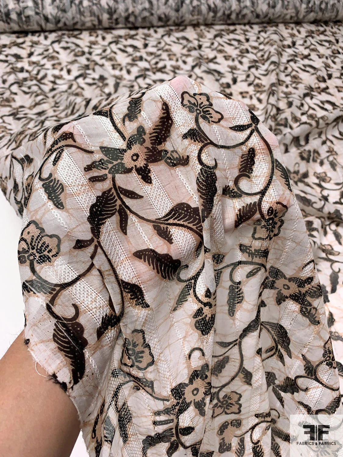 Floral Vines Printed Cotton Voile With Stitched Vertical Striped Detailing - Tan / Off-White / Black 3 Floral Vines Printed Cotton Voile With Stitched Vertical Striped Detailing - Tan / Off-White / Black