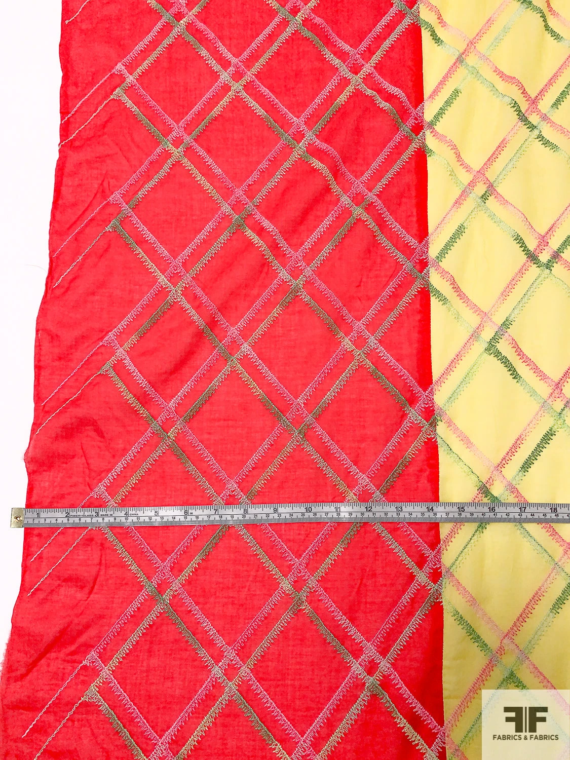 Cotton Voile With Diagonal Plaid Embroidered Design And Border Color Contrast - Bright Yellow / Pink / Green 6 Cotton Voile With Diagonal Plaid Embroidered Design And Border Color Contrast - Bright Yellow / Pink / Green - Image 4