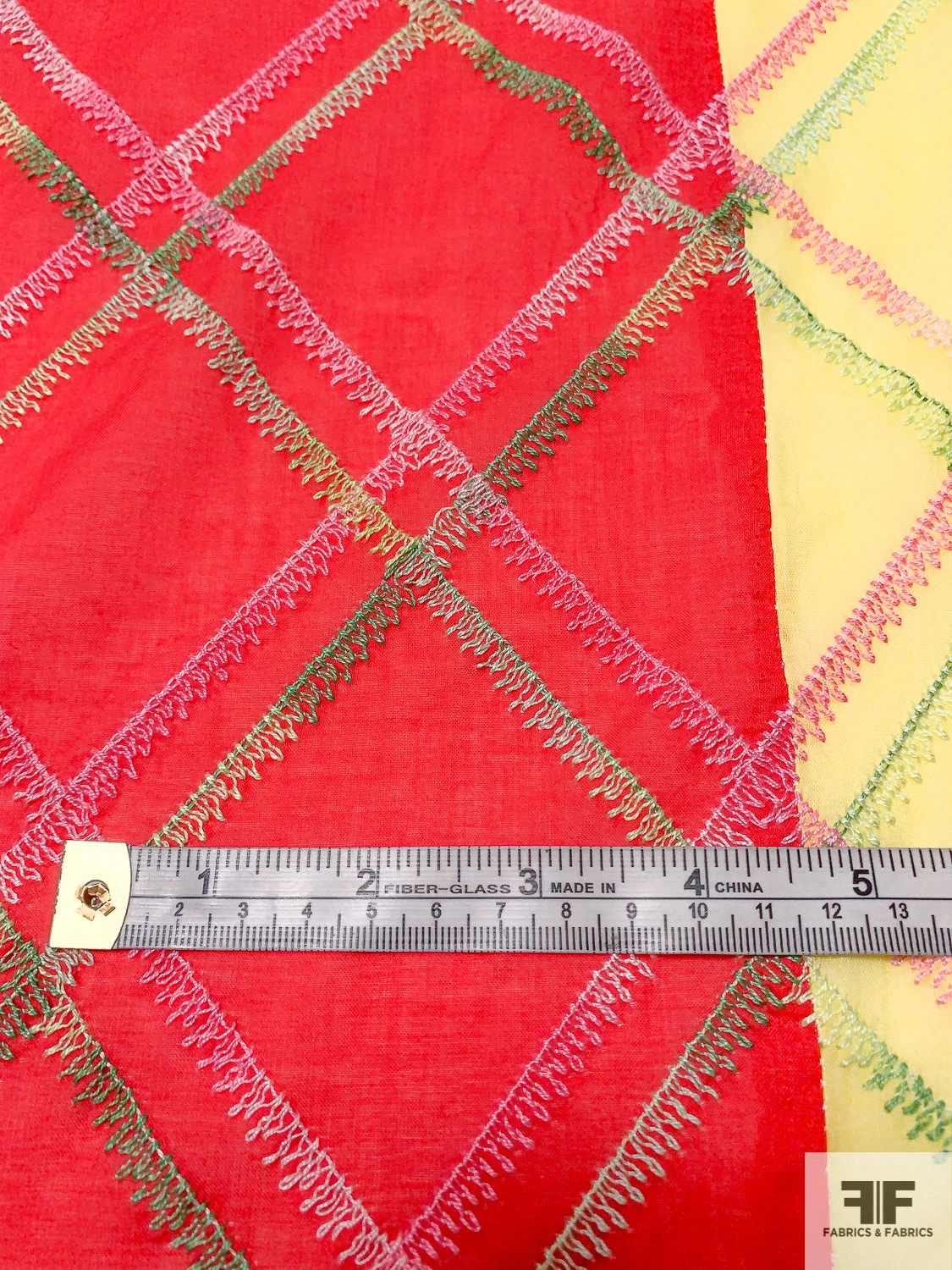 Cotton Voile With Diagonal Plaid Embroidered Design And Border Color Contrast - Bright Yellow / Pink / Green 7 Cotton Voile With Diagonal Plaid Embroidered Design And Border Color Contrast - Bright Yellow / Pink / Green - Image 5