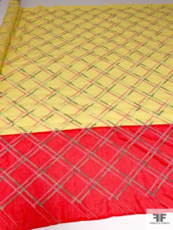 Cotton Voile With Diagonal Plaid Embroidered Design And Border Color Contrast - Bright Yellow / Pink / Green