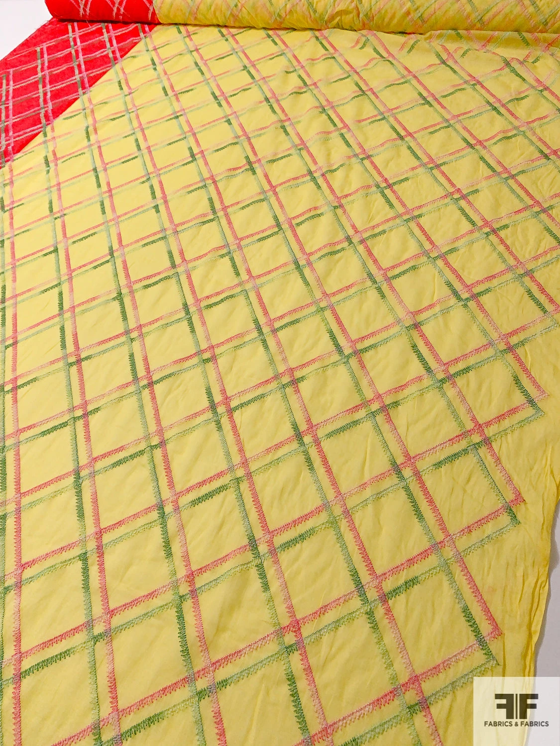 Cotton Voile With Diagonal Plaid Embroidered Design And Border Color Contrast - Bright Yellow / Pink / Green 8 Cotton Voile With Diagonal Plaid Embroidered Design And Border Color Contrast - Bright Yellow / Pink / Green - Image 6
