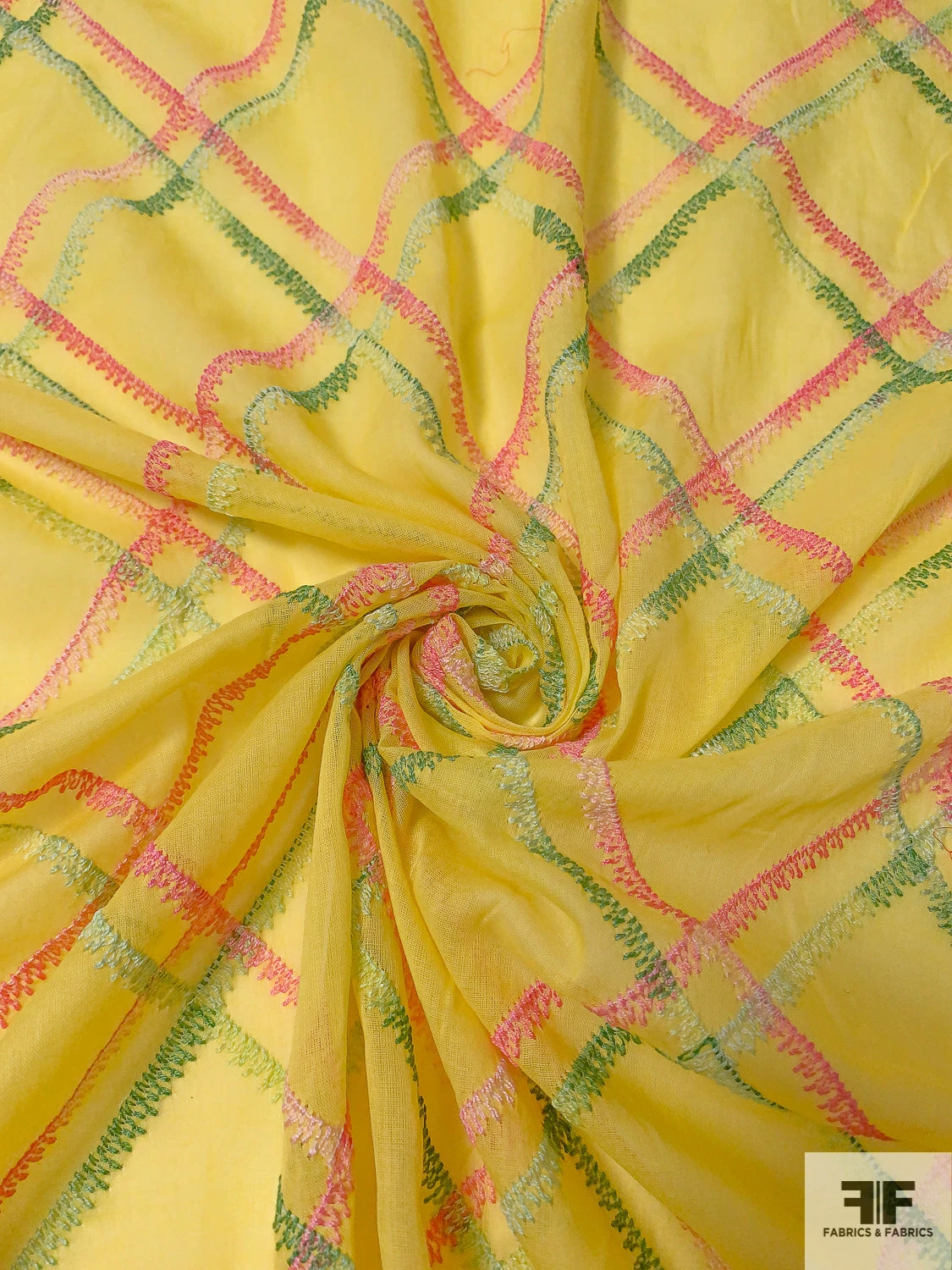 Cotton Voile With Diagonal Plaid Embroidered Design And Border Color Contrast - Bright Yellow / Pink / Green 4 Cotton Voile With Diagonal Plaid Embroidered Design And Border Color Contrast - Bright Yellow / Pink / Green - Image 2