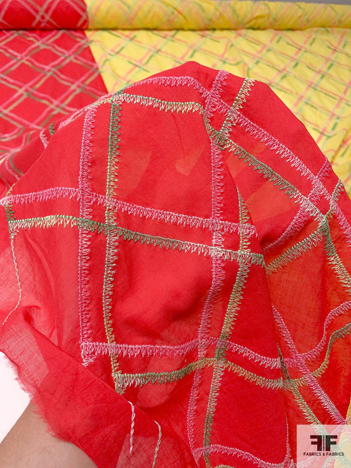 Cotton Voile With Diagonal Plaid Embroidered Design And Border Color Contrast - Bright Yellow / Pink / Green 10 Cotton Voile With Diagonal Plaid Embroidered Design And Border Color Contrast - Bright Yellow / Pink / Green - Image 8