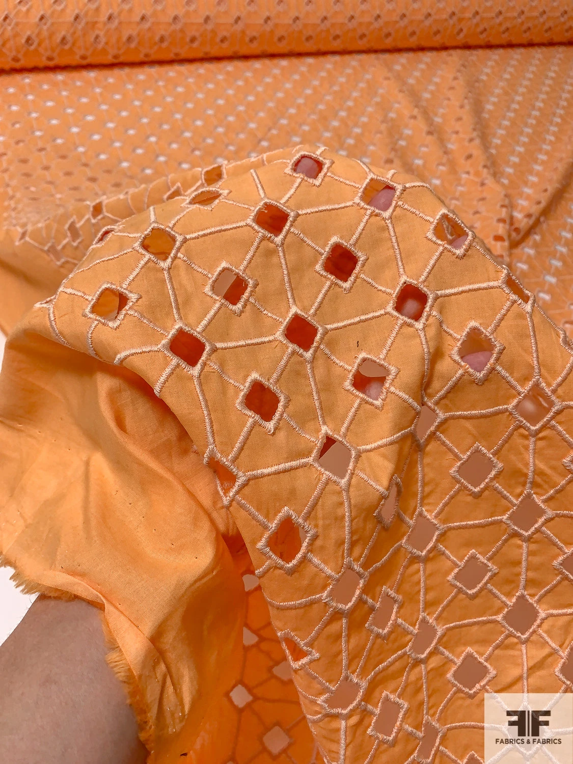 Geometric Lattice Embroidered Eyelet Cotton Voile - Sunkist Orange 4 Geometric Lattice Embroidered Eyelet Cotton Voile - Sunkist Orange - Image 2