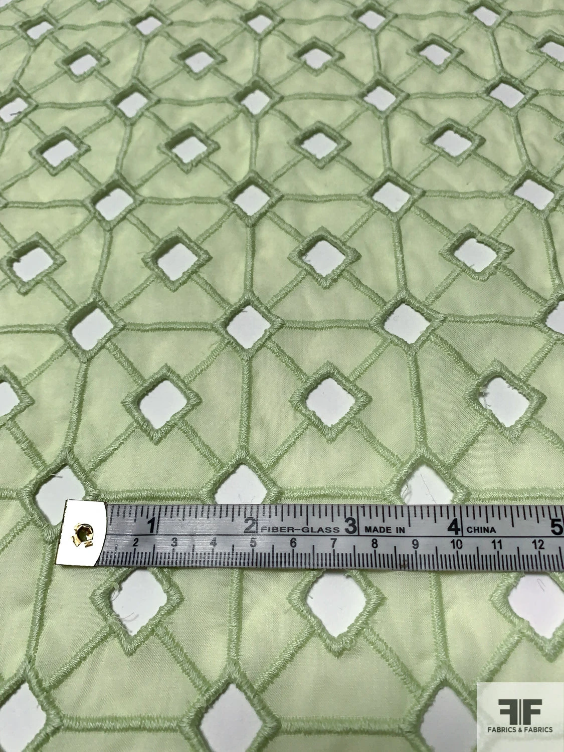 Geometric Lattice Embroidered Eyelet Cotton Voile - Pastel Lime 8 Geometric Lattice Embroidered Eyelet Cotton Voile - Pastel Lime - Image 6