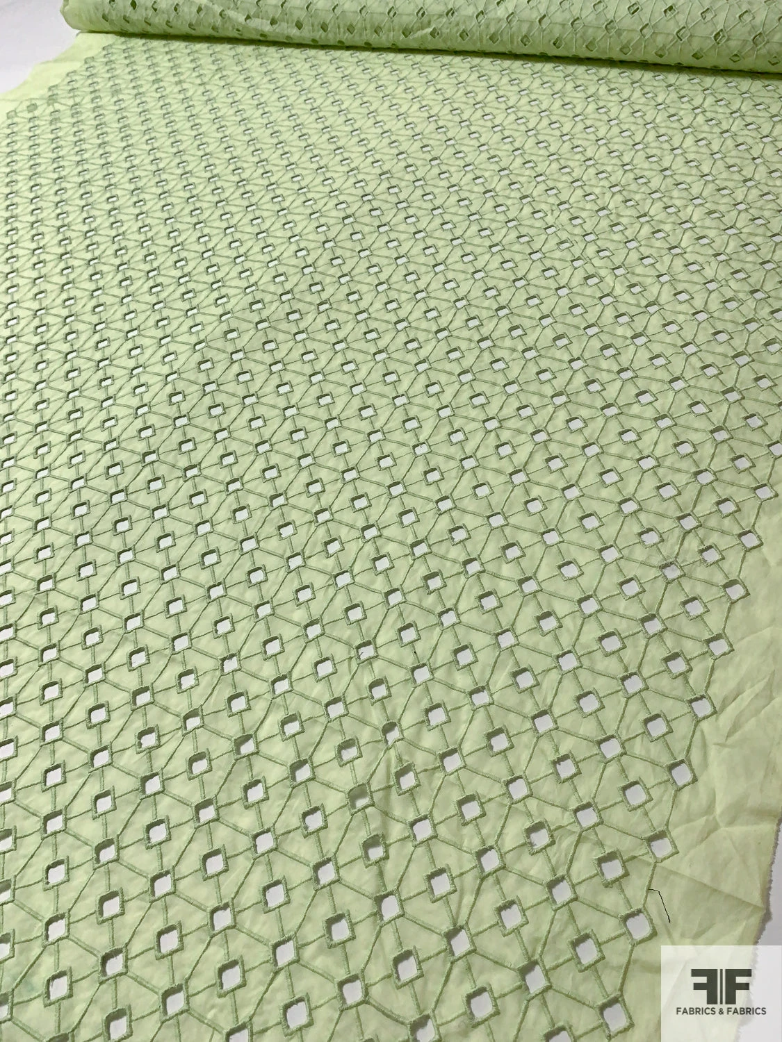 Geometric Lattice Embroidered Eyelet Cotton Voile - Pastel Lime 9 Geometric Lattice Embroidered Eyelet Cotton Voile - Pastel Lime - Image 7