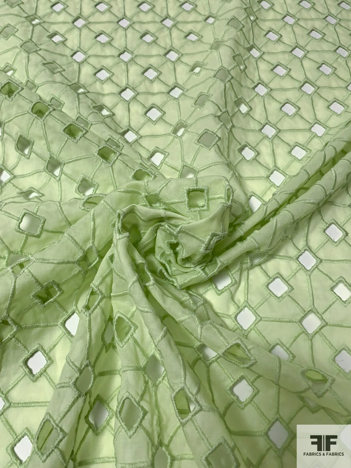 Geometric Lattice Embroidered Eyelet Cotton Voile - Pastel Lime 6 Geometric Lattice Embroidered Eyelet Cotton Voile - Pastel Lime - Image 4