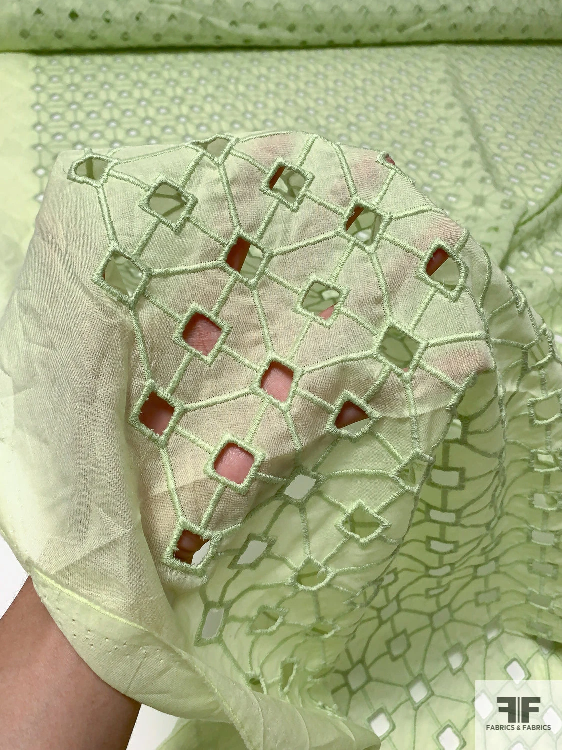Geometric Lattice Embroidered Eyelet Cotton Voile - Pastel Lime 4 Geometric Lattice Embroidered Eyelet Cotton Voile - Pastel Lime - Image 2