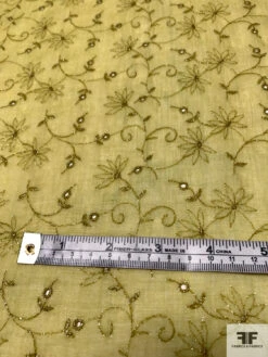 Intricate Floral Embroidered Lurex Threadwork On Cotton Eyelet Voile - Light Olive Green -Fabrics And Fabrics Store 13196 3