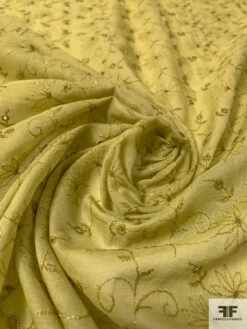 Intricate Floral Embroidered Lurex Threadwork On Cotton Eyelet Voile - Light Olive Green