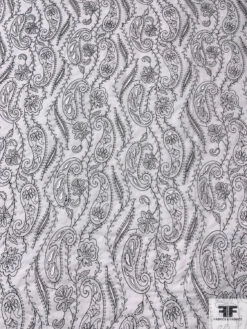 Paisley Embroidered Cotton Lawn - White / Black