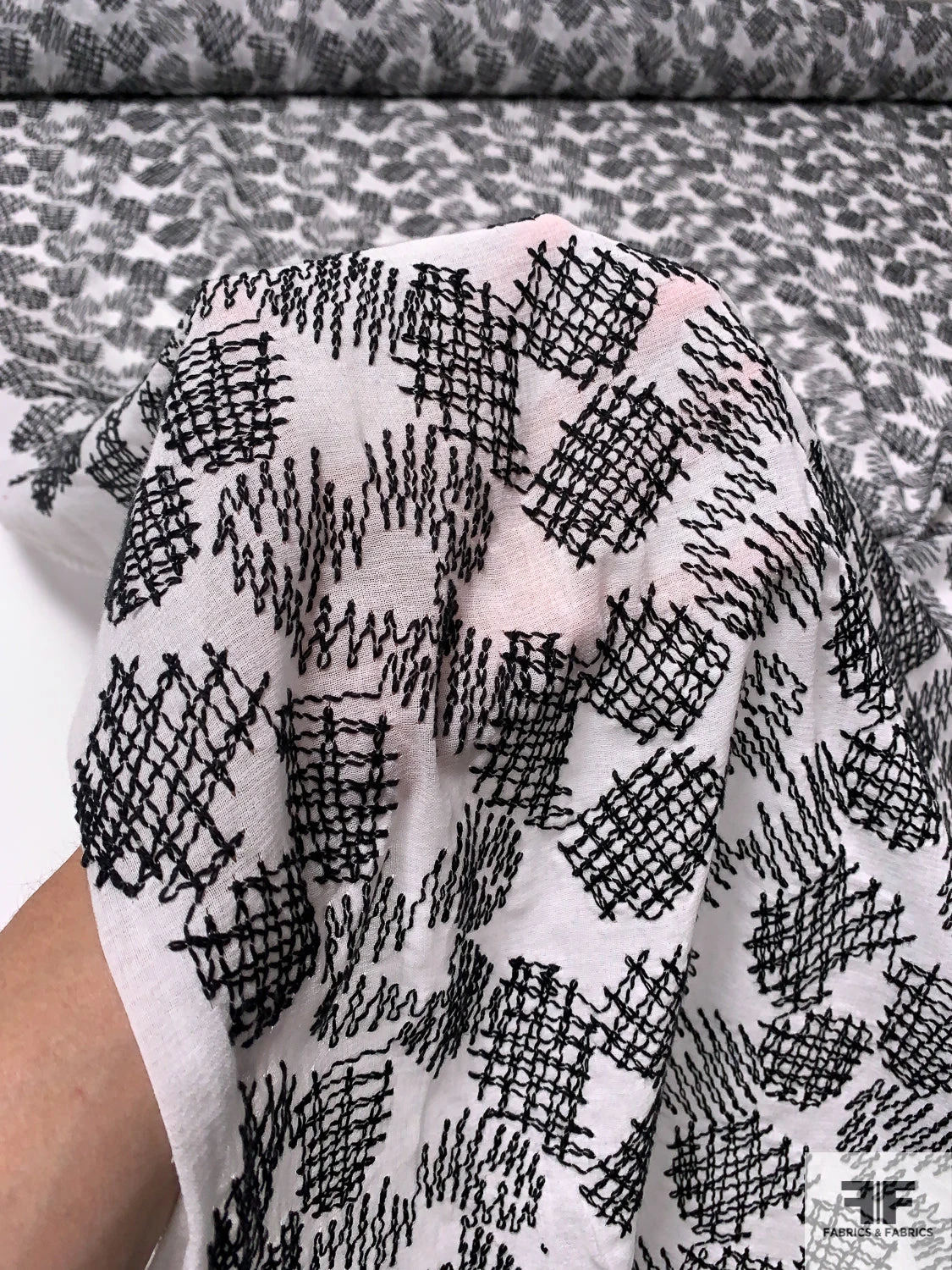 Zig Zag Patch Embroidered Cotton Voile - White / Black 3 Zig Zag Patch Embroidered Cotton Voile - White / Black