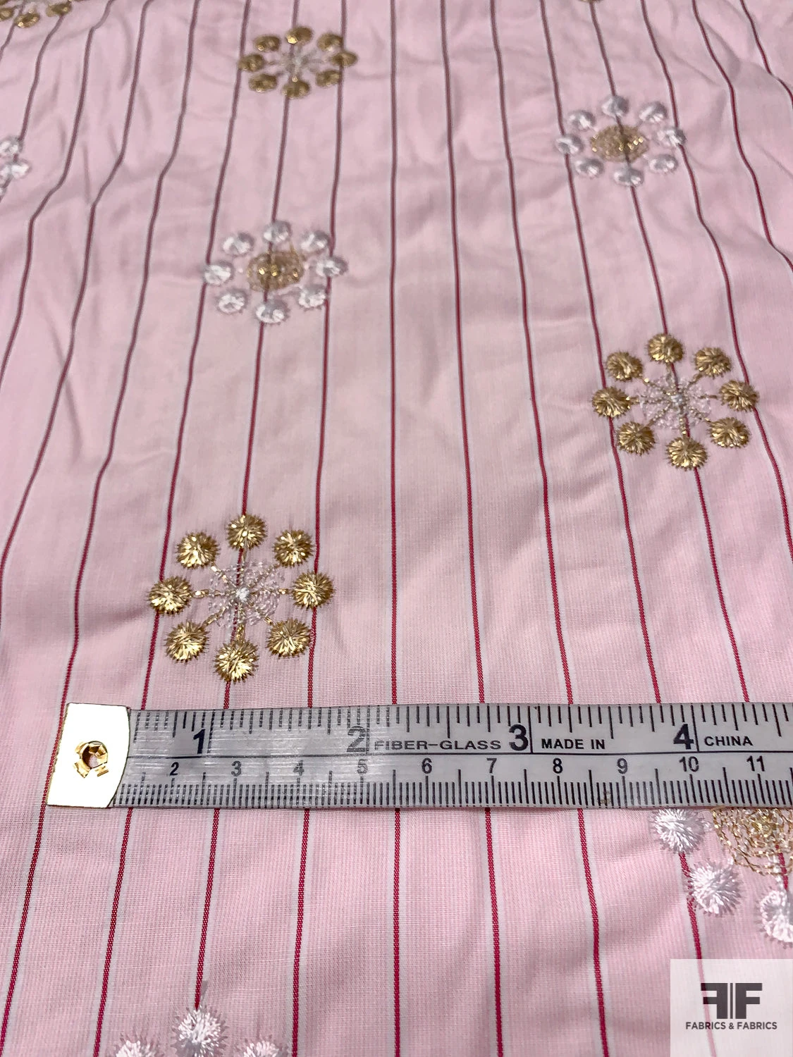 Floral Snowflake Embroidered Striped Cotton Shirting - Soft Pink / Gold / White / Dusty Rose 8 Floral Snowflake Embroidered Striped Cotton Shirting - Soft Pink / Gold / White / Dusty Rose - Image 6