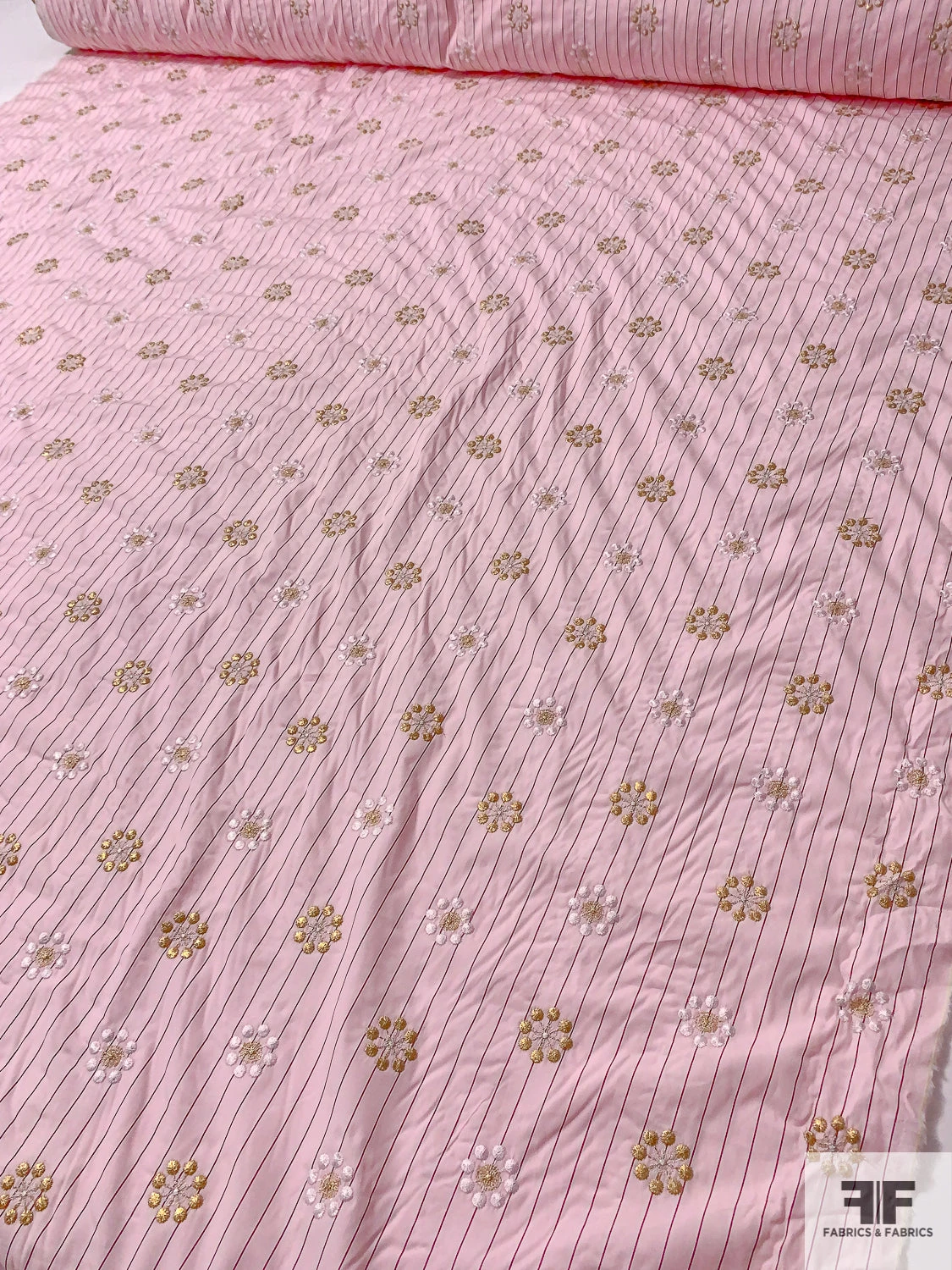 Floral Snowflake Embroidered Striped Cotton Shirting - Soft Pink / Gold / White / Dusty Rose 9 Floral Snowflake Embroidered Striped Cotton Shirting - Soft Pink / Gold / White / Dusty Rose - Image 7