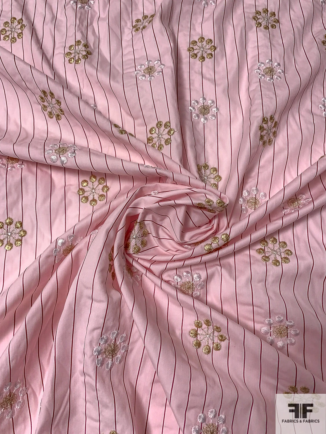 Floral Snowflake Embroidered Striped Cotton Shirting - Soft Pink / Gold / White / Dusty Rose 4 Floral Snowflake Embroidered Striped Cotton Shirting - Soft Pink / Gold / White / Dusty Rose - Image 2