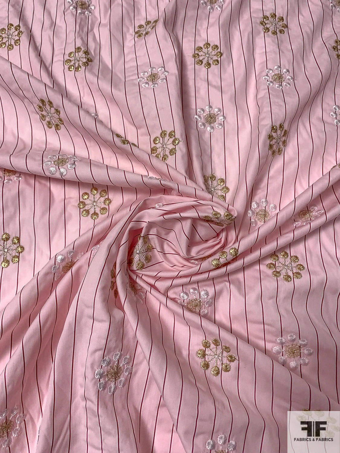 Floral Snowflake Embroidered Striped Cotton Shirting - Soft Pink / Gold / White / Dusty Rose 5 Floral Snowflake Embroidered Striped Cotton Shirting - Soft Pink / Gold / White / Dusty Rose - Image 3