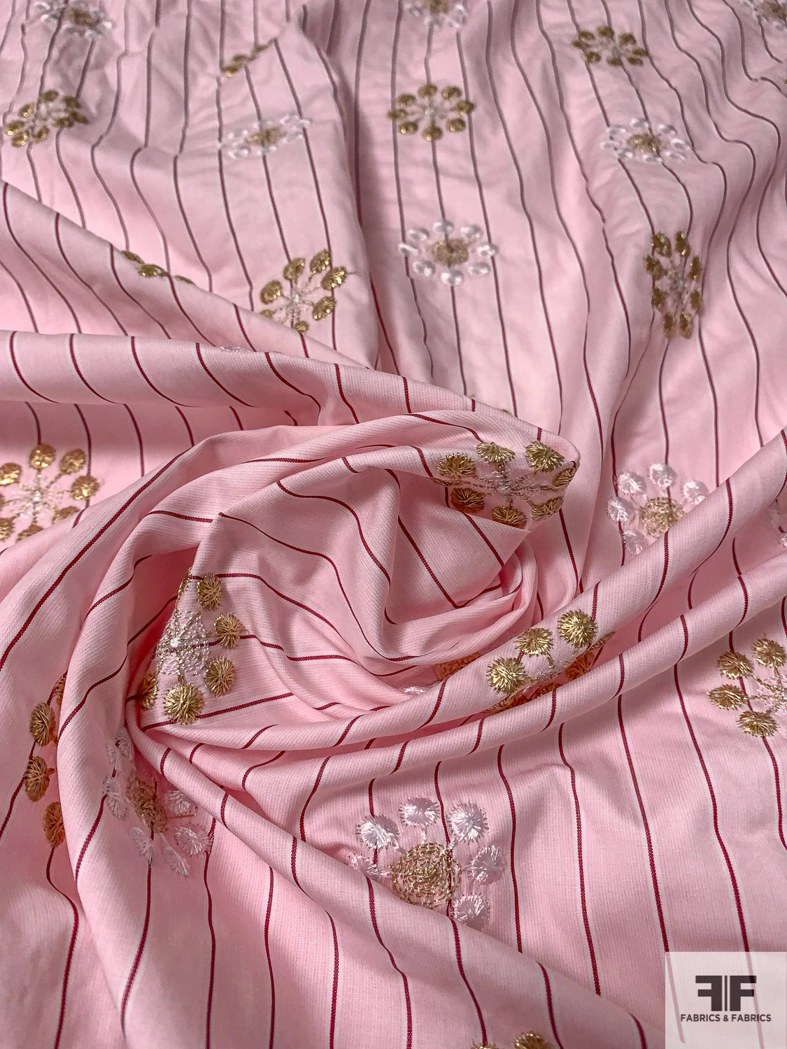 Floral Snowflake Embroidered Striped Cotton Shirting - Soft Pink / Gold / White / Dusty Rose 10 Floral Snowflake Embroidered Striped Cotton Shirting - Soft Pink / Gold / White / Dusty Rose - Image 8