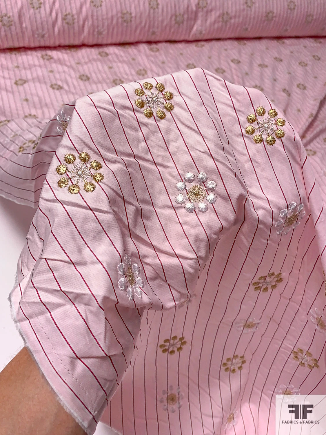Floral Snowflake Embroidered Striped Cotton Shirting - Soft Pink / Gold / White / Dusty Rose 3 Floral Snowflake Embroidered Striped Cotton Shirting - Soft Pink / Gold / White / Dusty Rose