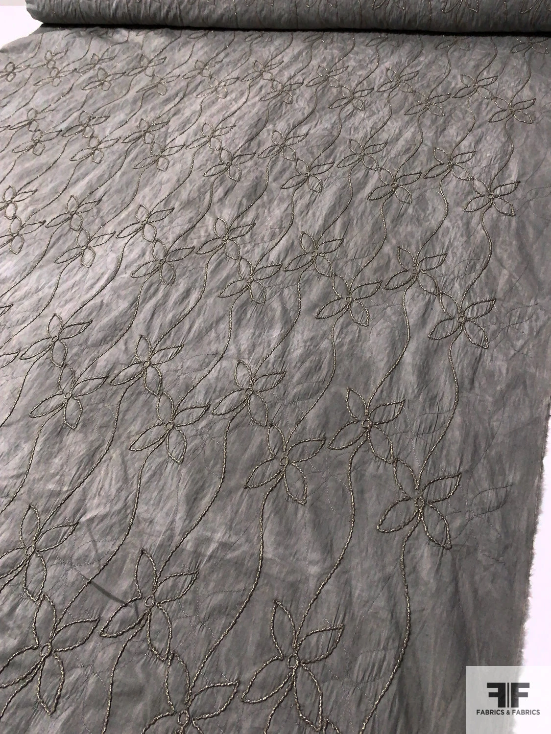 Vertical Floral Vines Embroidered Tie-Dye Look Stretch Cotton Poplin With Lurex Detailing - Clay Grey 4 Vertical Floral Vines Embroidered Tie-Dye Look Stretch Cotton Poplin With Lurex Detailing - Clay Grey - Image 2