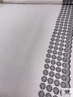 Border Pattern Single Scalloped Floral Embroidered Eyelet Cotton Gauze - White / Black