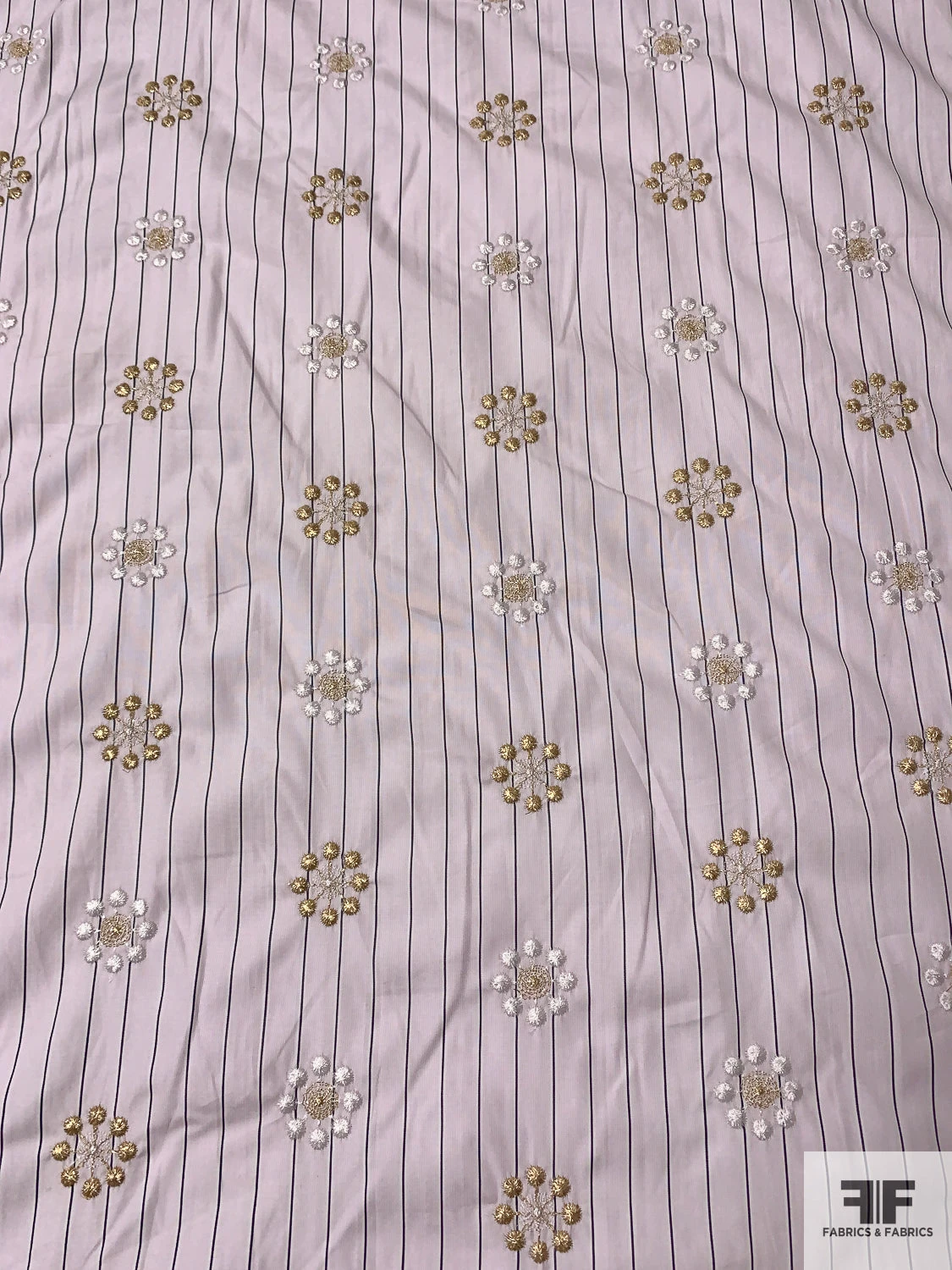 Floral Snowflake Embroidered Striped Cotton Shirting - Pale Lavender / Grape / Gold / White 6 Floral Snowflake Embroidered Striped Cotton Shirting - Pale Lavender / Grape / Gold / White - Image 4