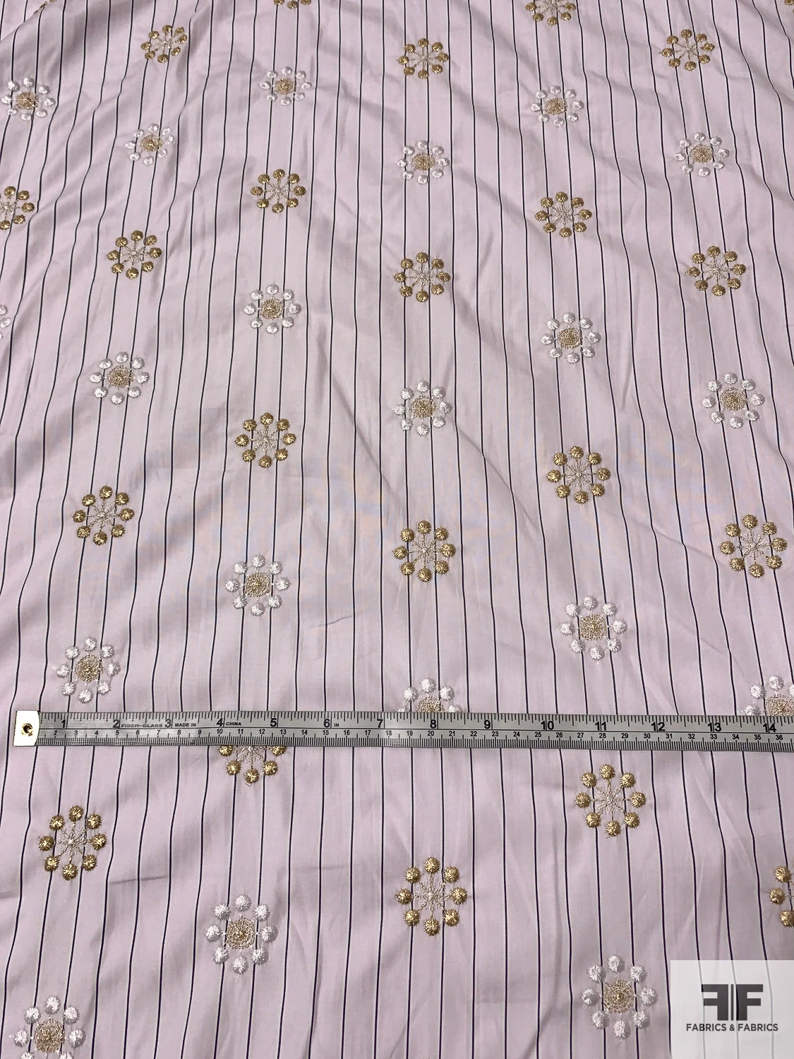 Floral Snowflake Embroidered Striped Cotton Shirting - Pale Lavender / Grape / Gold / White 7 Floral Snowflake Embroidered Striped Cotton Shirting - Pale Lavender / Grape / Gold / White - Image 5