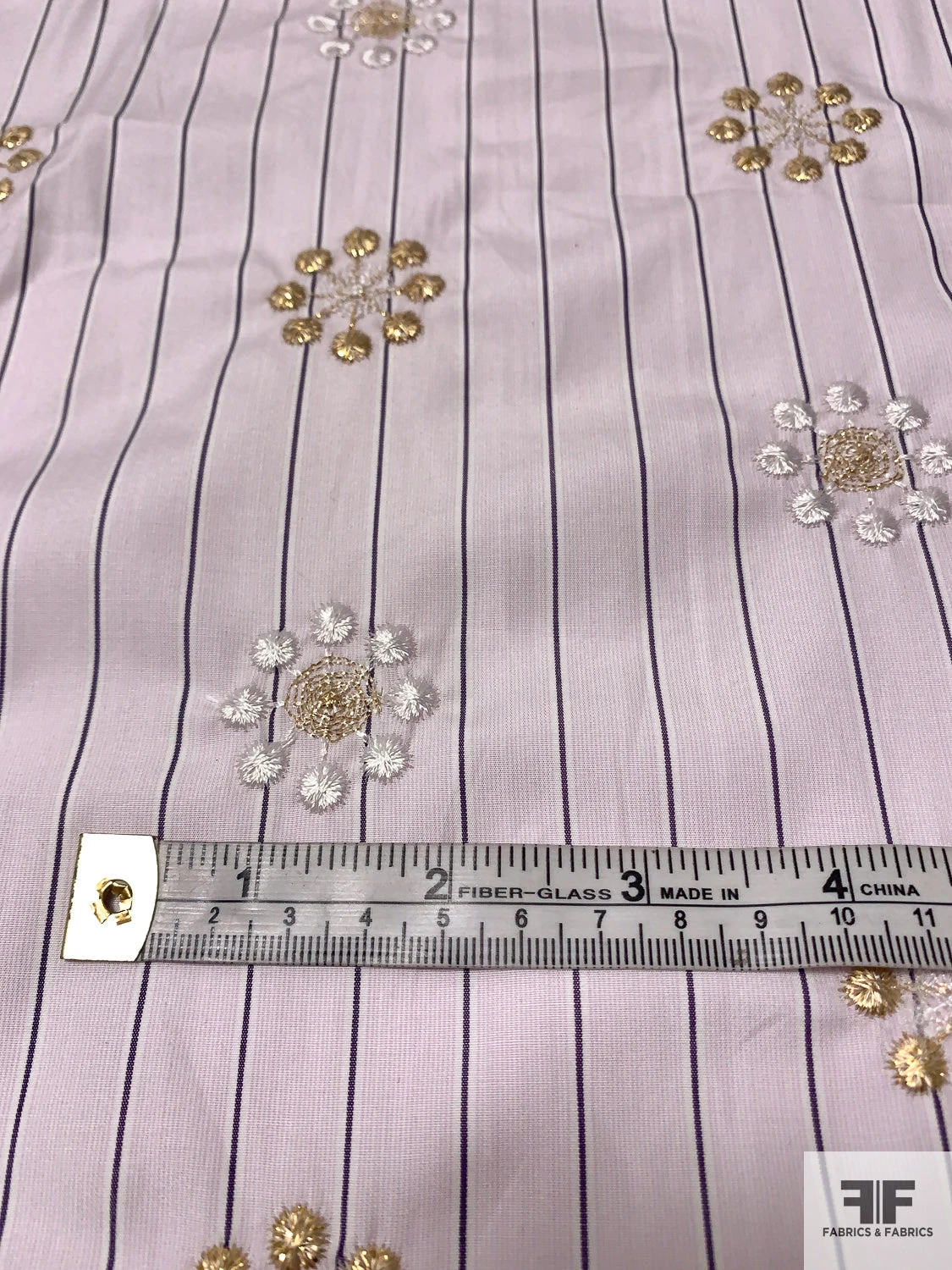 Floral Snowflake Embroidered Striped Cotton Shirting - Pale Lavender / Grape / Gold / White 8 Floral Snowflake Embroidered Striped Cotton Shirting - Pale Lavender / Grape / Gold / White - Image 6