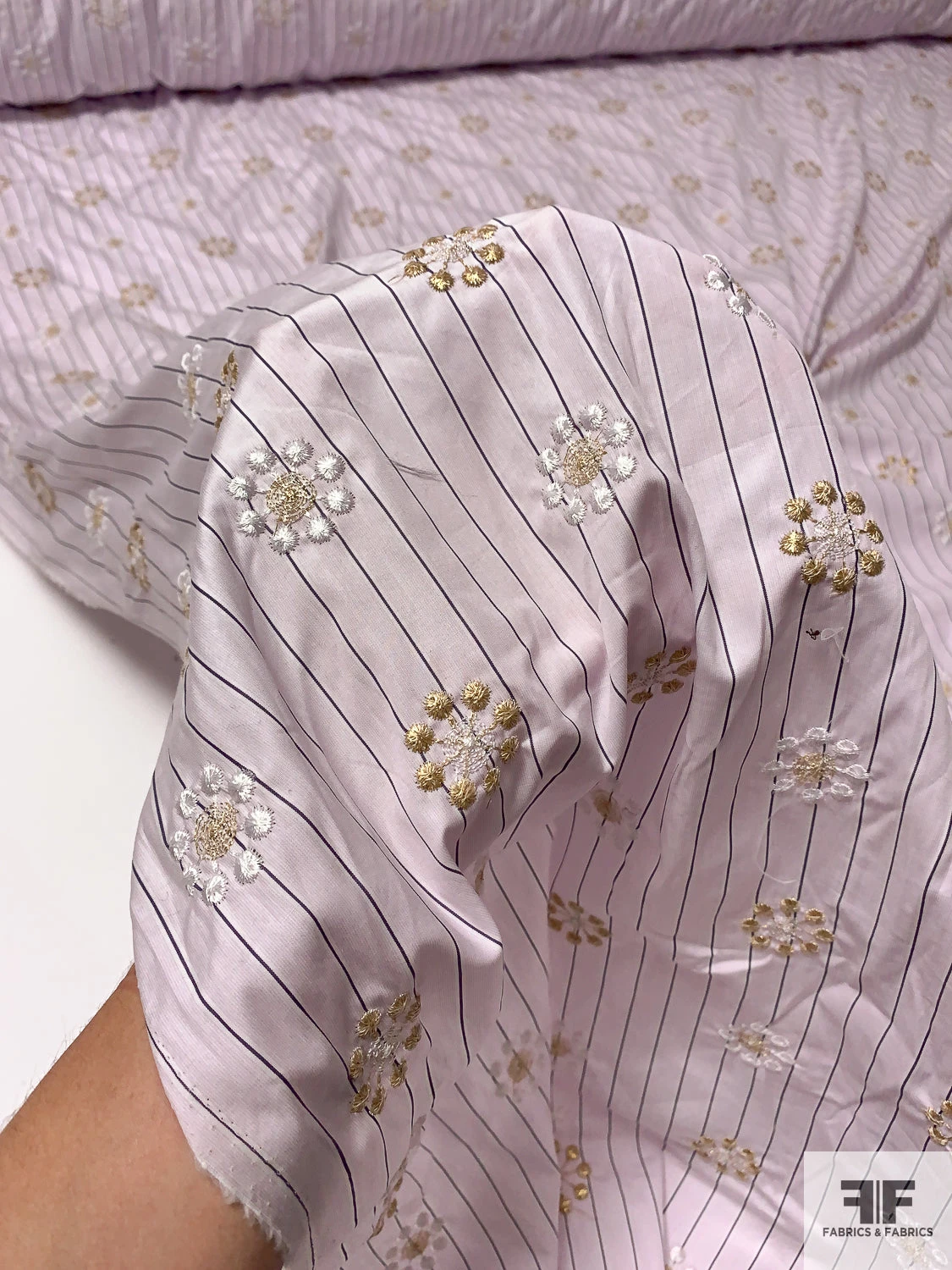 Floral Snowflake Embroidered Striped Cotton Shirting - Pale Lavender / Grape / Gold / White 10 Floral Snowflake Embroidered Striped Cotton Shirting - Pale Lavender / Grape / Gold / White - Image 8