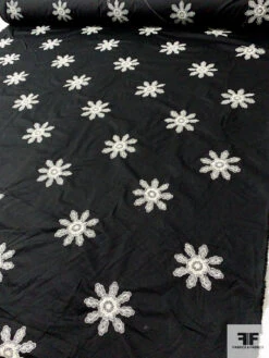 Floral Discs Embroidered Stretch Cotton Twill - Black / Ivory