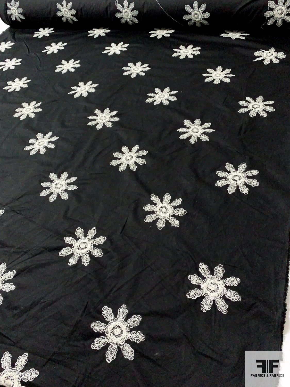 Floral Discs Embroidered Stretch Cotton Twill - Black / Ivory 3 Floral Discs Embroidered Stretch Cotton Twill - Black / Ivory