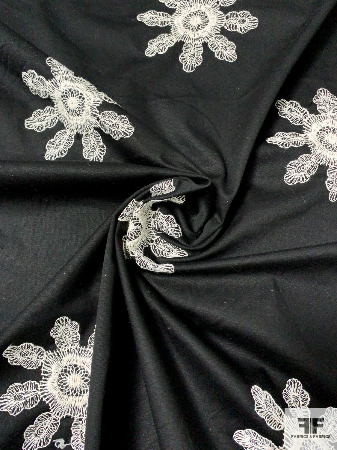 Floral Discs Embroidered Stretch Cotton Twill - Black / Ivory 4 Floral Discs Embroidered Stretch Cotton Twill - Black / Ivory - Image 2