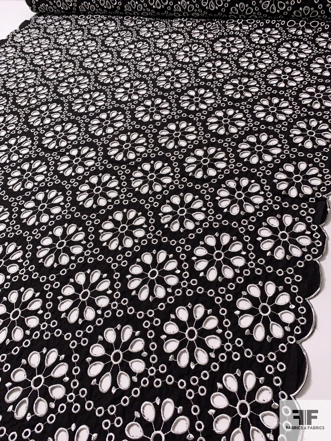 Double-Scalloped Floral Medallion Embroidered Eyelet Cotton Broadcloth - Black / White 3 Double-Scalloped Floral Medallion Embroidered Eyelet Cotton Broadcloth - Black / White