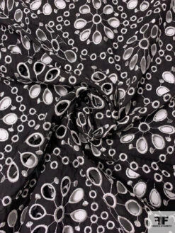Double-Scalloped Floral Medallion Embroidered Eyelet Cotton Broadcloth - Black / White 12 Double-Scalloped Floral Medallion Embroidered Eyelet Cotton Broadcloth - Black / White -Fabrics And Fabrics Store 13286 5