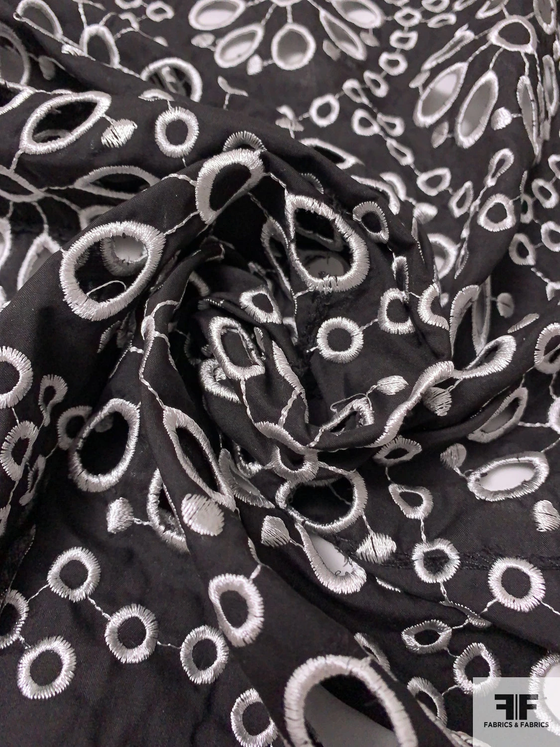 Double-Scalloped Floral Medallion Embroidered Eyelet Cotton Broadcloth - Black / White 10 Double-Scalloped Floral Medallion Embroidered Eyelet Cotton Broadcloth - Black / White - Image 8