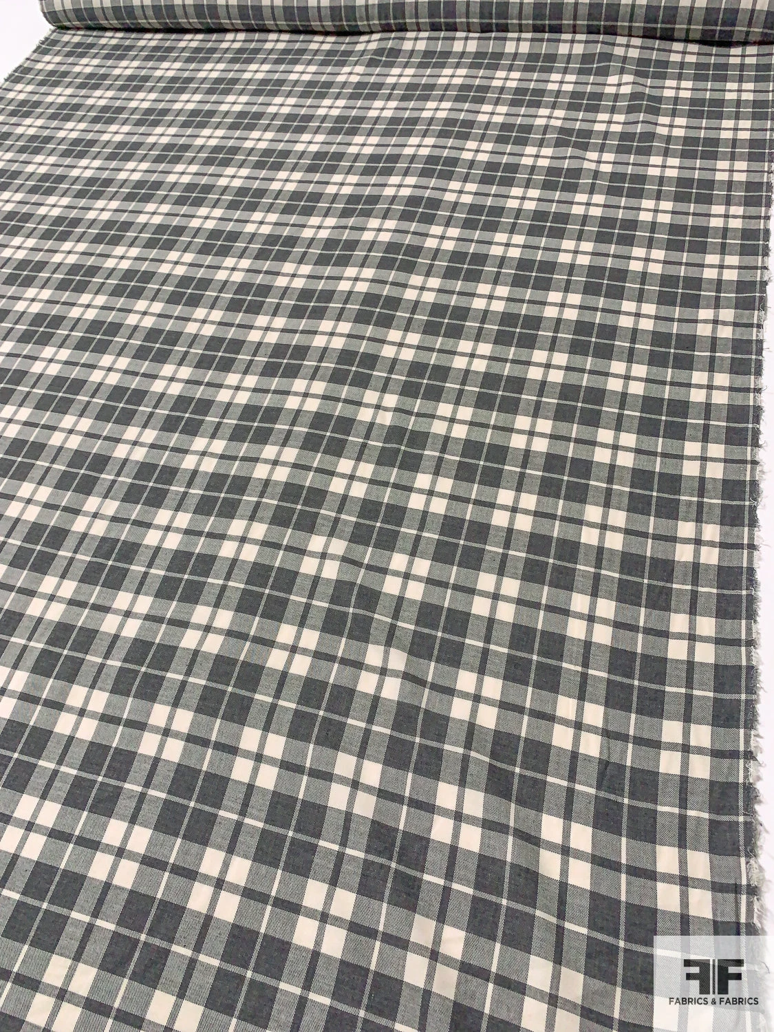 Plaid Yarn-Dyed Cotton Shirting - Grey / Ivory 9 Plaid Yarn-Dyed Cotton Shirting - Grey / Ivory - Image 7