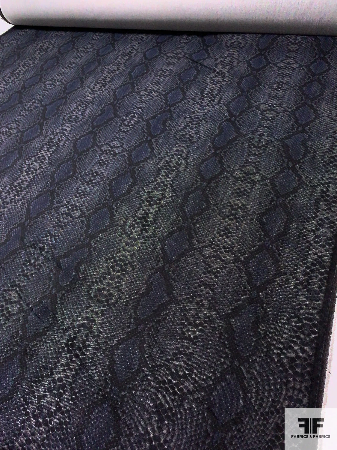 Reptile Pattern Printed Stretch Cotton Denim - Denim Navy / Black / Light Grey 4 Reptile Pattern Printed Stretch Cotton Denim - Denim Navy / Black / Light Grey - Image 2