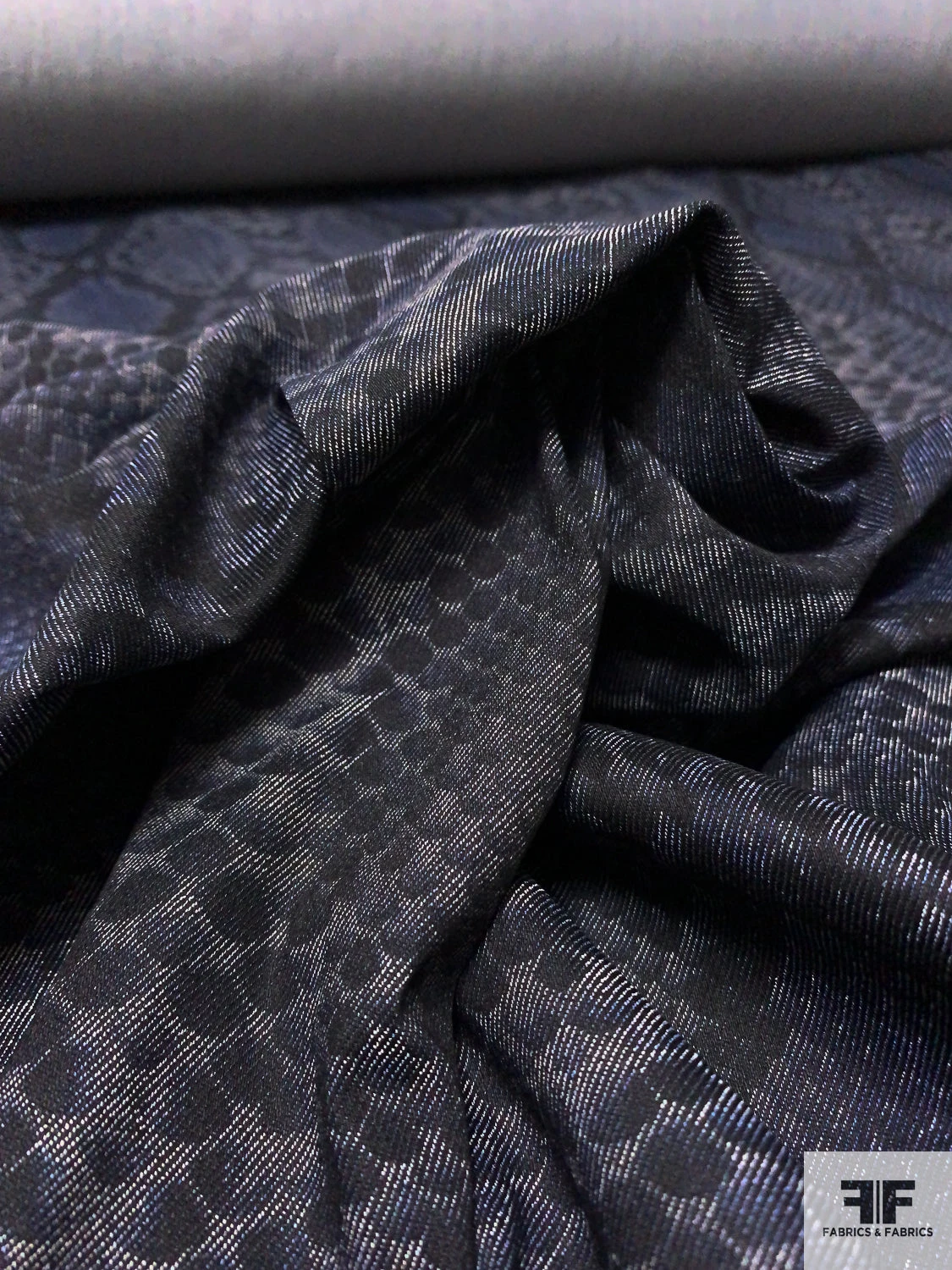 Reptile Pattern Printed Stretch Cotton Denim - Denim Navy / Black / Light Grey 9 Reptile Pattern Printed Stretch Cotton Denim - Denim Navy / Black / Light Grey - Image 7