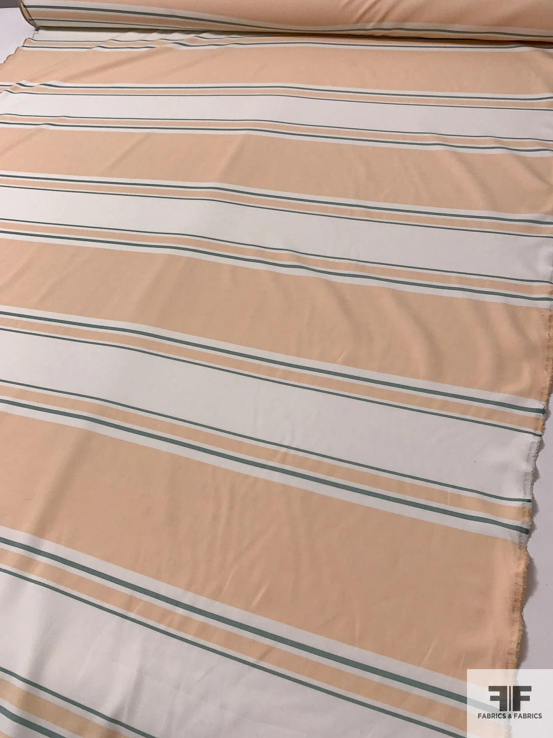 Horizontal Multi-Size Striped Stretch Cotton-Poly Suiting - Peachy Nude / Sage / Off-White 4 Horizontal Multi-Size Striped Stretch Cotton-Poly Suiting - Peachy Nude / Sage / Off-White - Image 2