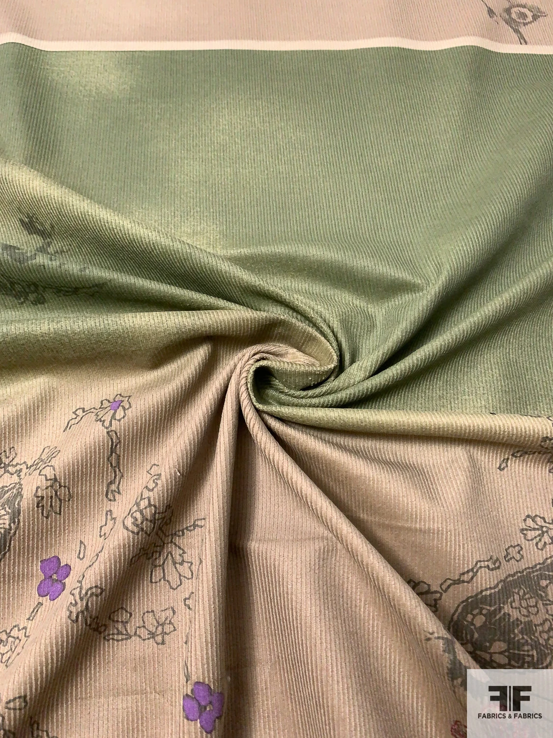 Ethereal Paisley Printed Stretch Cotton Corduroy Panel - Khaki / Earth Green / Purple 5 Ethereal Paisley Printed Stretch Cotton Corduroy Panel - Khaki / Earth Green / Purple - Image 3