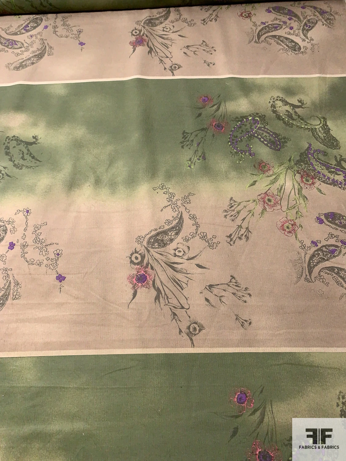Ethereal Paisley Printed Stretch Cotton Corduroy Panel - Khaki / Earth Green / Purple 4 Ethereal Paisley Printed Stretch Cotton Corduroy Panel - Khaki / Earth Green / Purple - Image 2